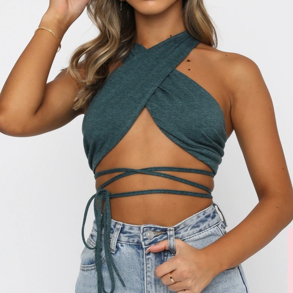 Teal criss cross halter crop top - Picture 2 of 5